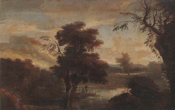 A Wooded landscape with figures bathing and resting on the bank of a river